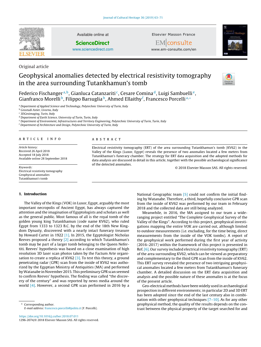 Geophysical Anomalies Detected by Electrical Resistivity Tomography in the Area Surrounding Tutankhamun’S Tomb