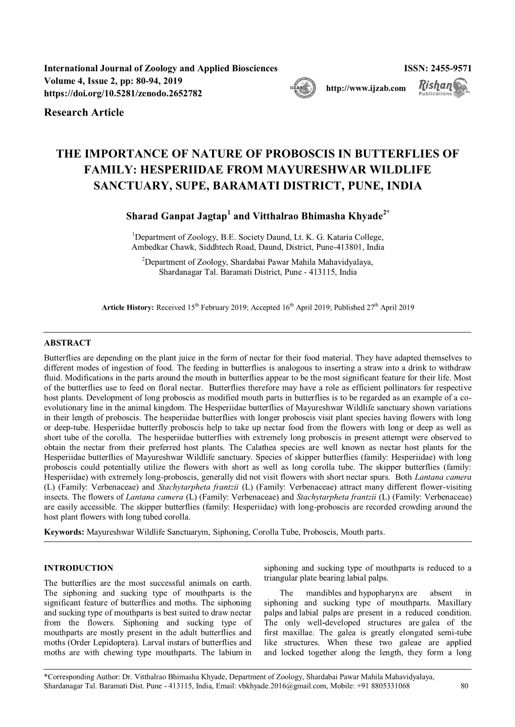 The Importance of Nature of Proboscis in Butterflies of Family: Hesperiidae from Mayureshwar Wildlife Sanctuary, Supe, Baramati District, Pune, India