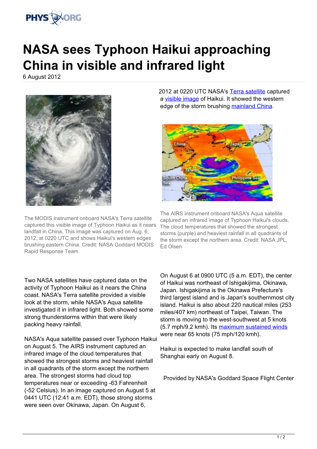 NASA Sees Typhoon Haikui Approaching China in Visible and Infrared Light 6 August 2012