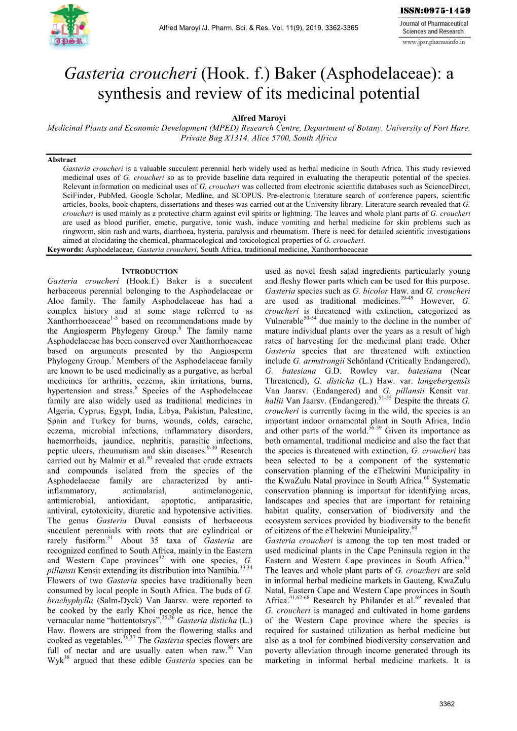 Gasteria Croucheri (Hook. F.) Baker (Asphodelaceae): a Synthesis and Review of Its Medicinal Potential