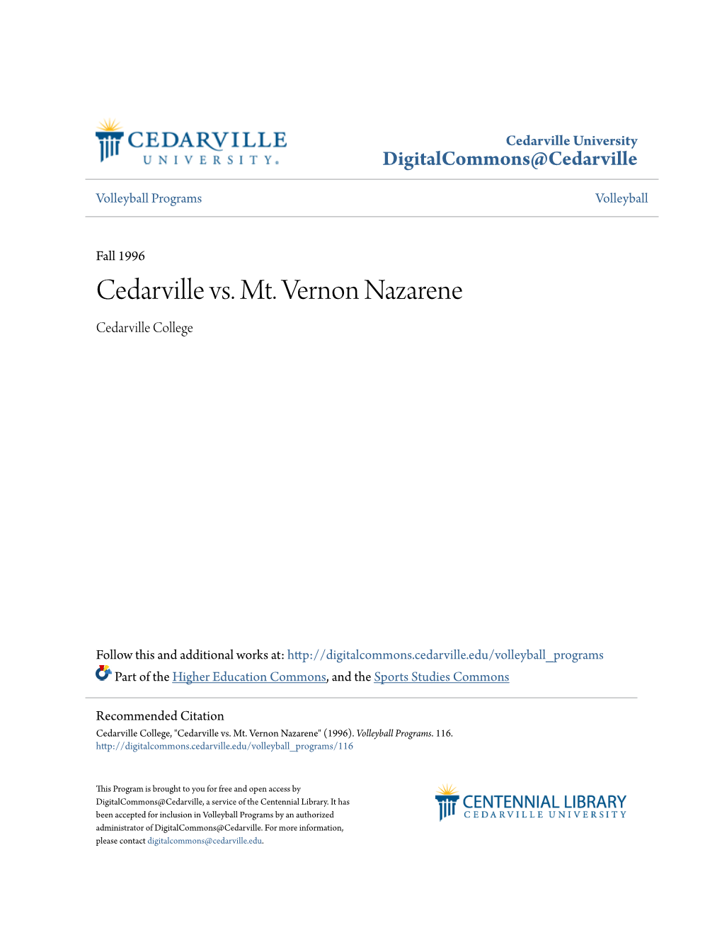 Cedarville Vs. Mt. Vernon Nazarene Cedarville College