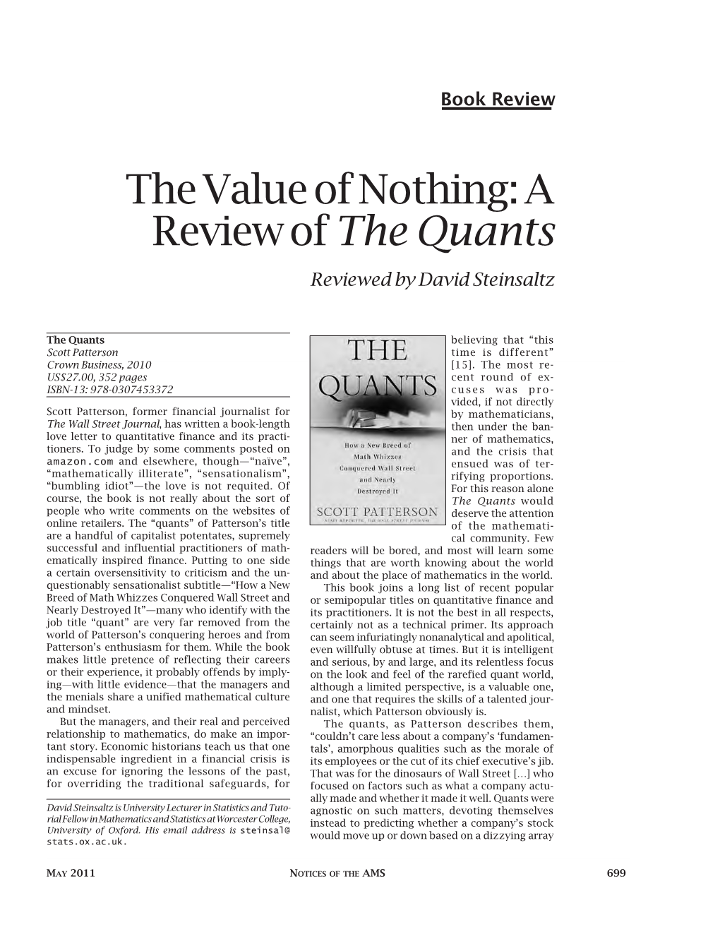 The Quants Reviewed by David Steinsaltz