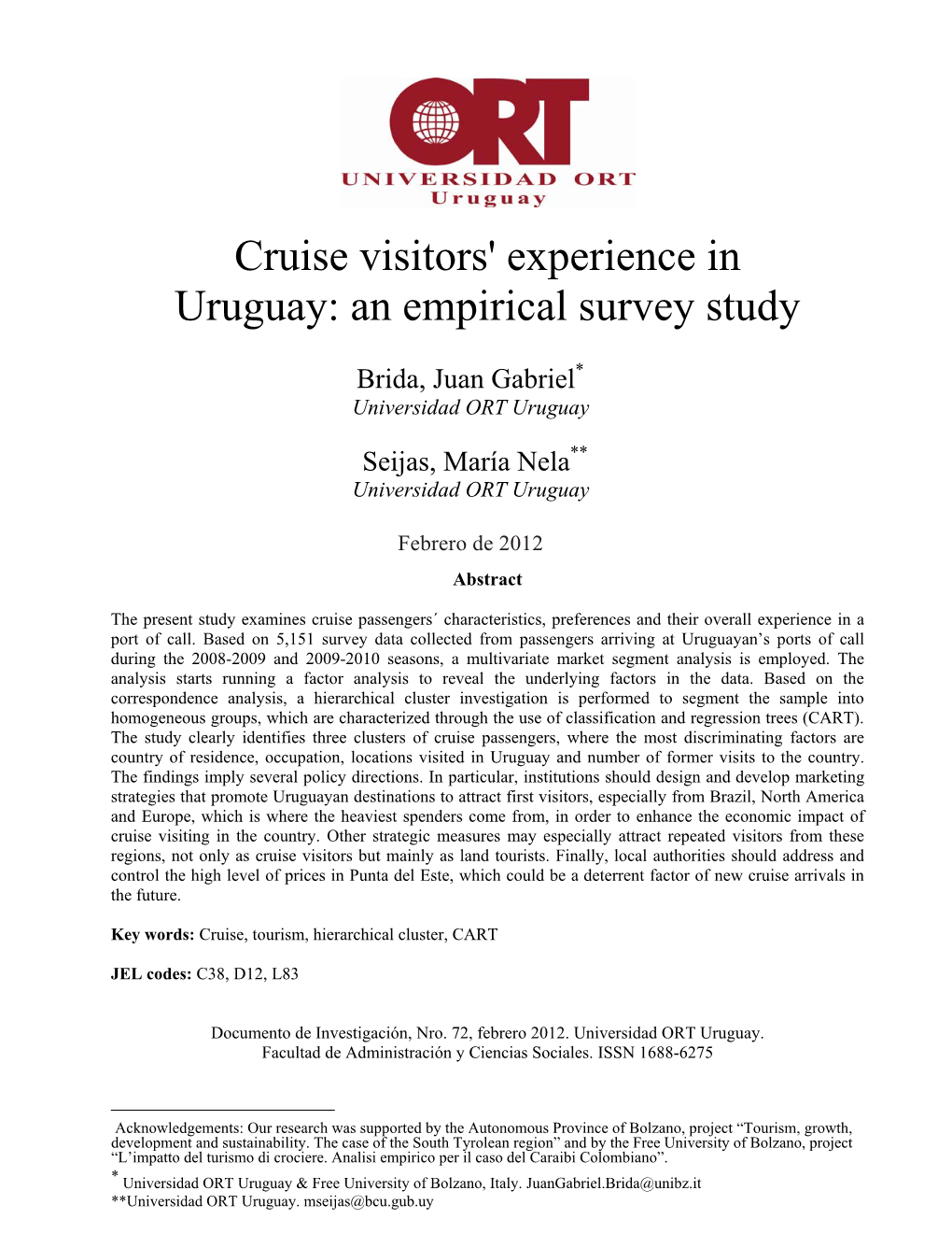 Cruise Visitors' Experience in Uruguay: an Empirical Survey Study