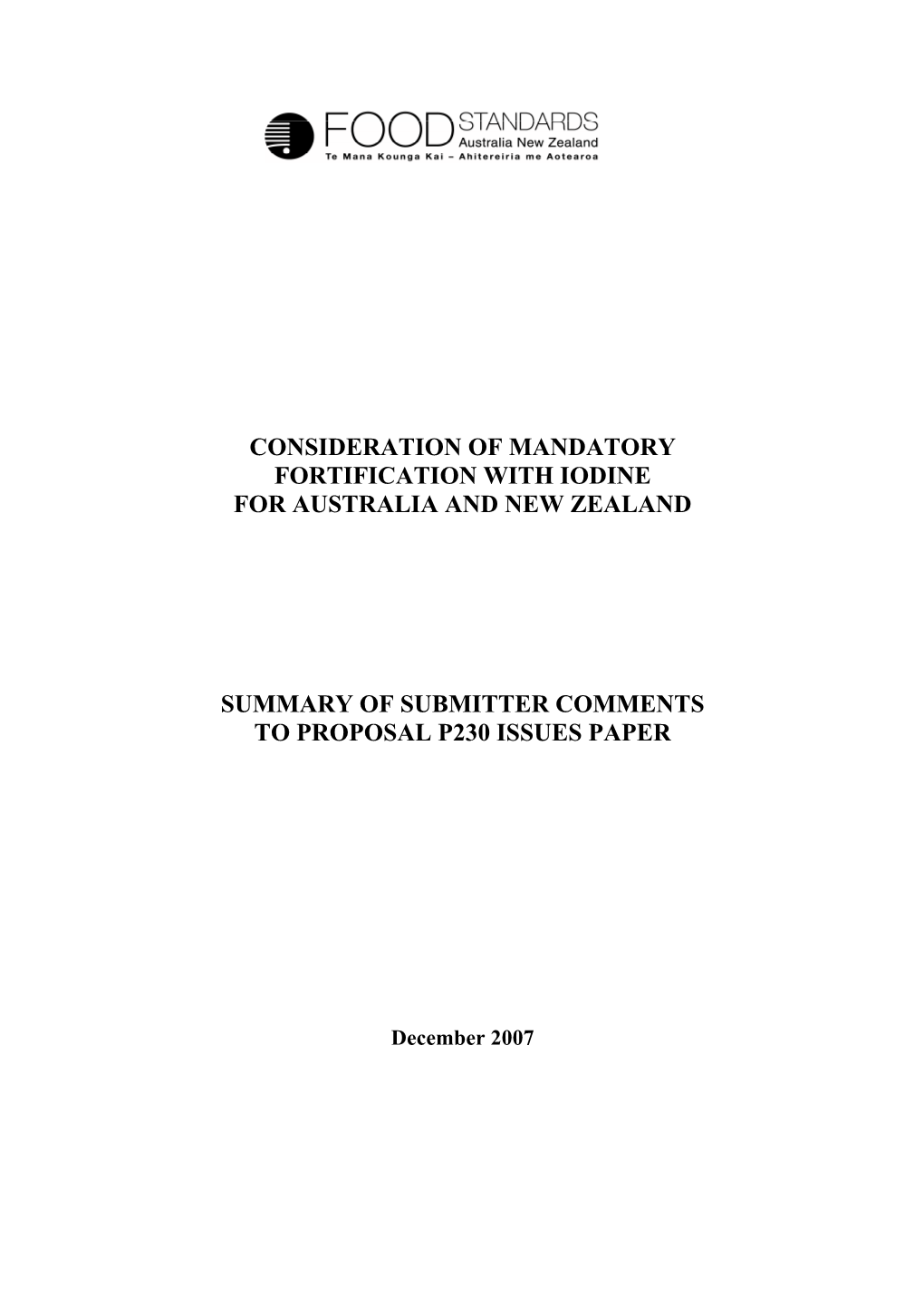 Consideration of Mandatory Fortification with Iodine for Australia and New Zealand