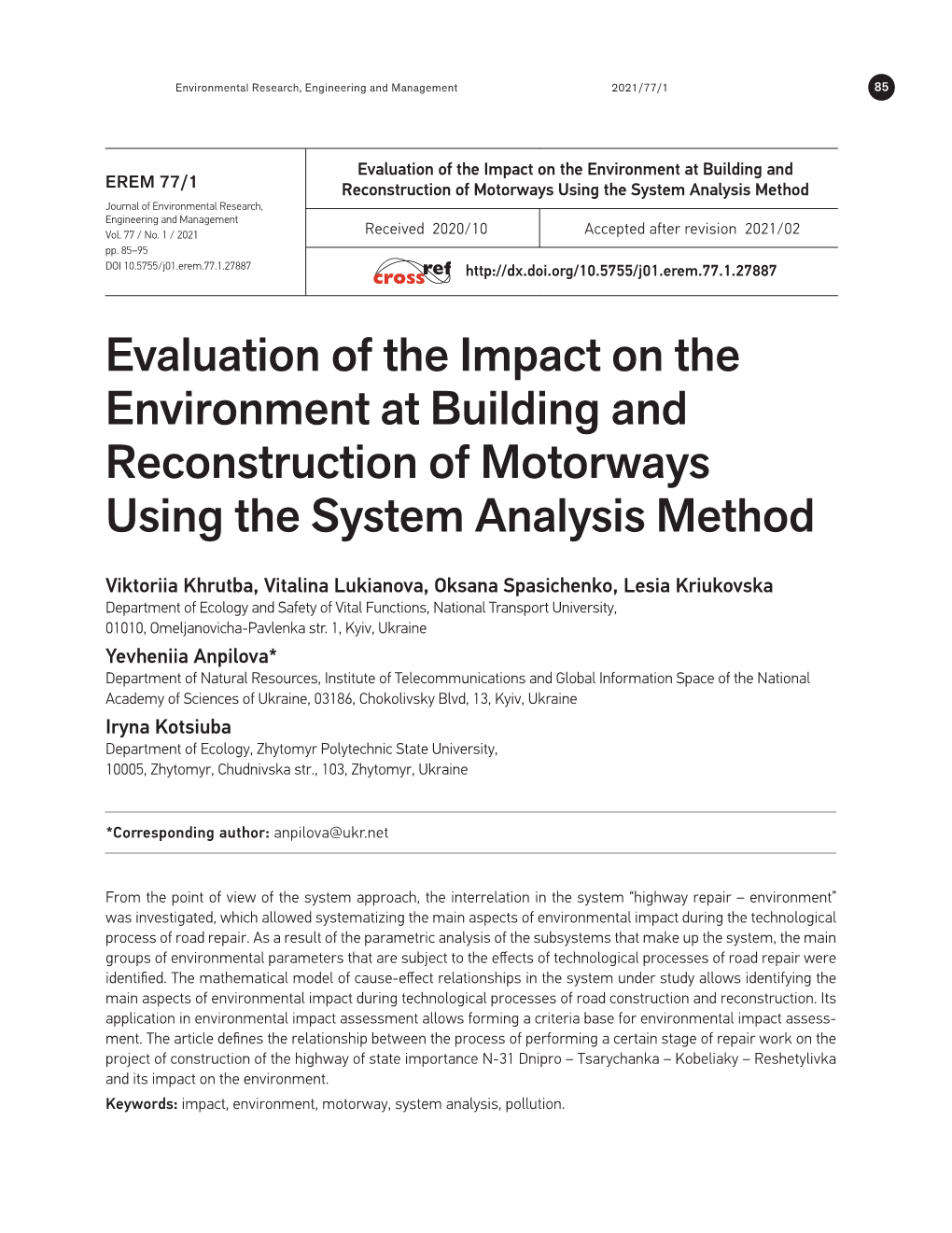 Evaluation of the Impact on the Environment at Building and Reconstruction of Motorways Using the System Analysis Method