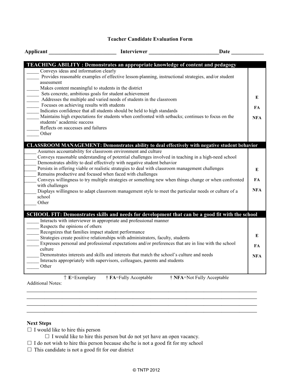 Baltimore City Public Schools Teacher Candidate Evaluation Form