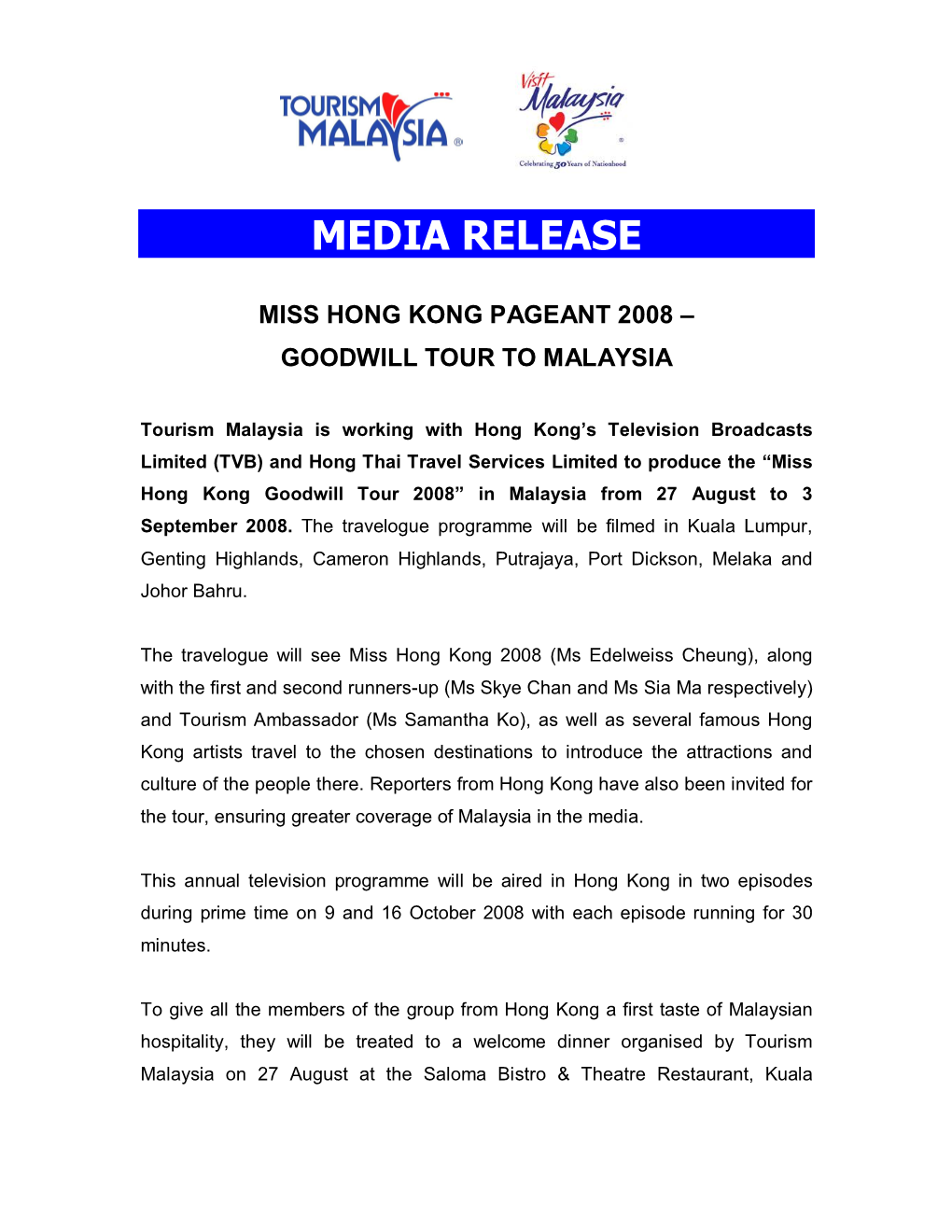 Media Release Miss Hong Kong Pageant 2008