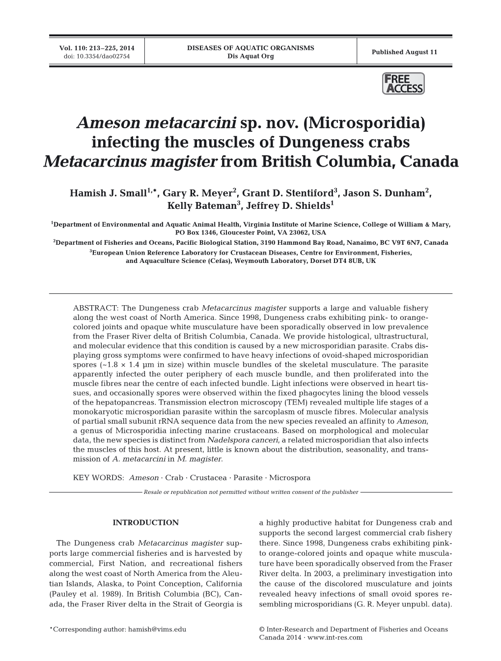 Infecting the Muscles of Dungeness Crabs Metacarcinus Magister from British Columbia, Canada