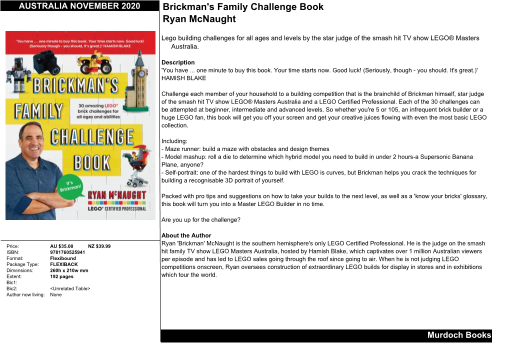 NOVEMBER 2020 Brickman's Family Challenge Book Ryan Mcnaught