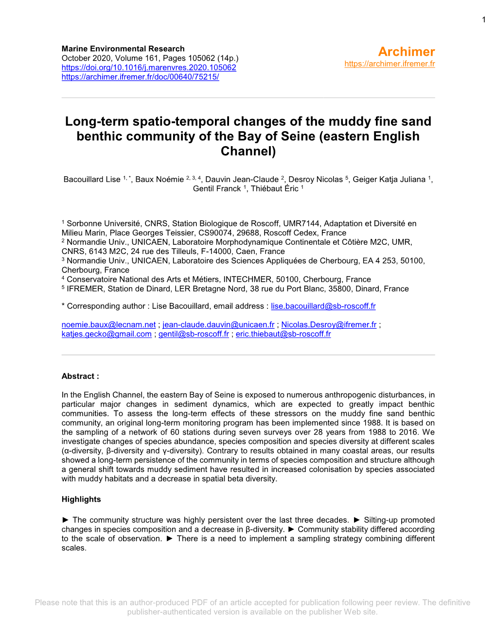 Long-Term Spatio-Temporal Changes of the Muddy Fine Sand Benthic Community of the Bay of Seine (Eastern English Channel)