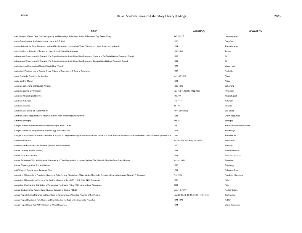 Haskin Shellfish Research Laboratory Library Holdings Page 1