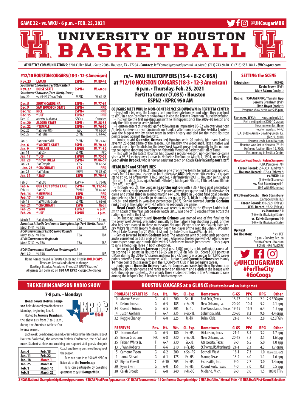 BASKETBALL ATHLETICS COMMUNICATIONS: 3204 Cullen Blvd