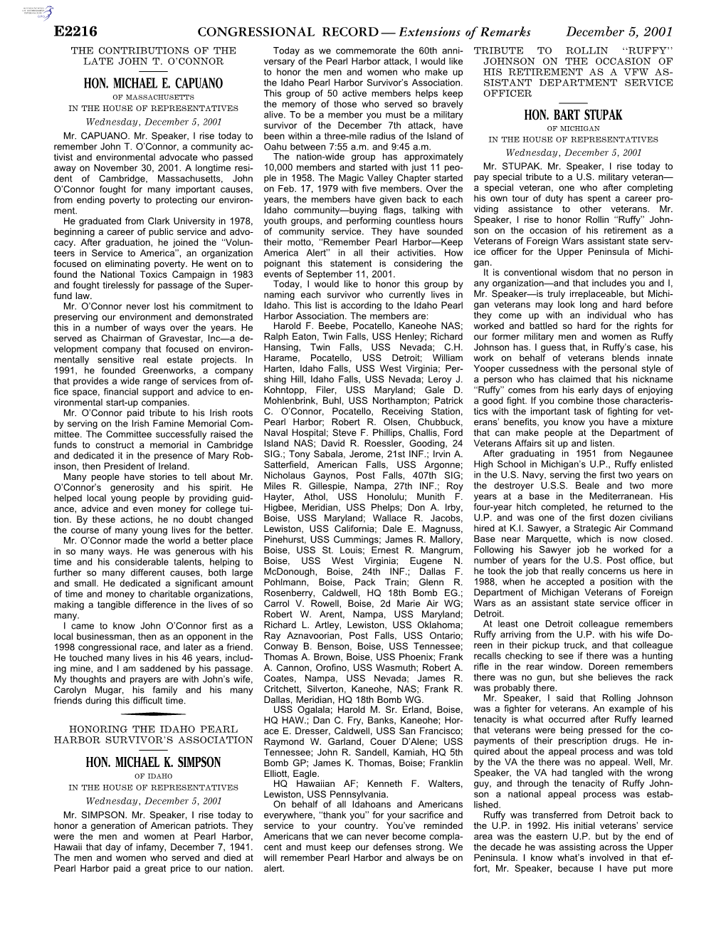 CONGRESSIONAL RECORD — Extensions of Remarks December 5, 2001 the CONTRIBUTIONS of the Today As We Commemorate the 60Th Anni- TRIBUTE to ROLLIN ‘‘RUFFY’’ LATE JOHN T