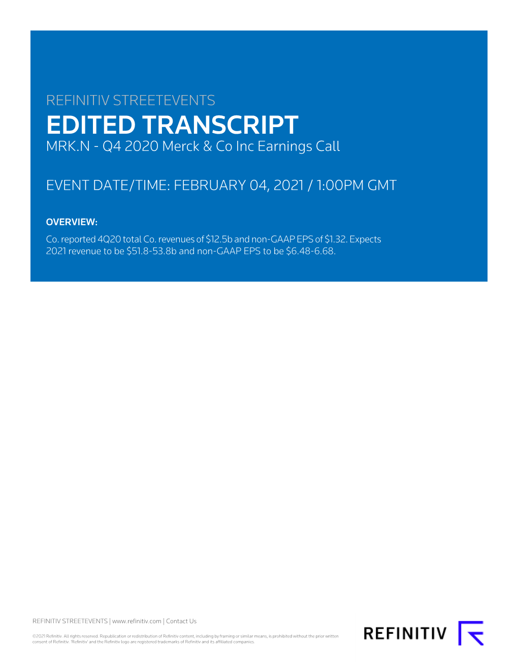 Q4 2020 Merck & Co Inc Earnings Call on February 04, 2021 / 1:00PM