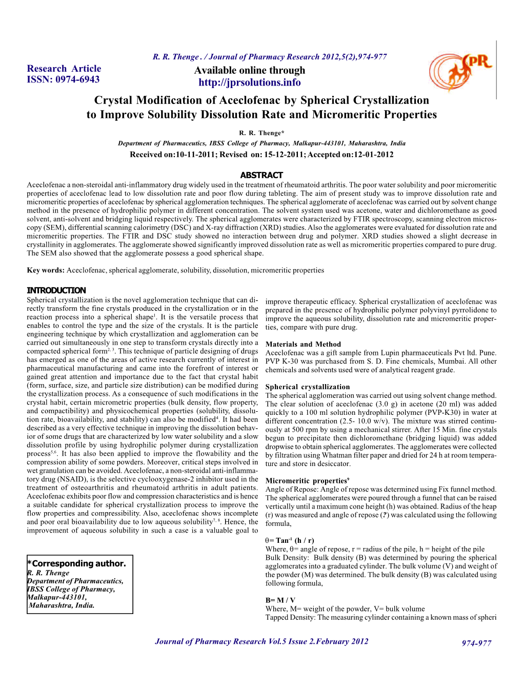 Crystal Modification of Aceclofenac by Spherical Crystallization to Improve Solubility Dissolution Rate and Micromeritic Properties