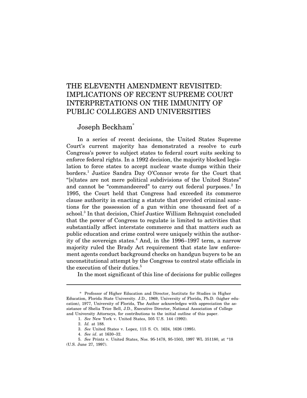 The Eleventh Amendment Revisited: Implications of Recent Supreme Court Interpretations on the Immunity of Public Colleges and Universities