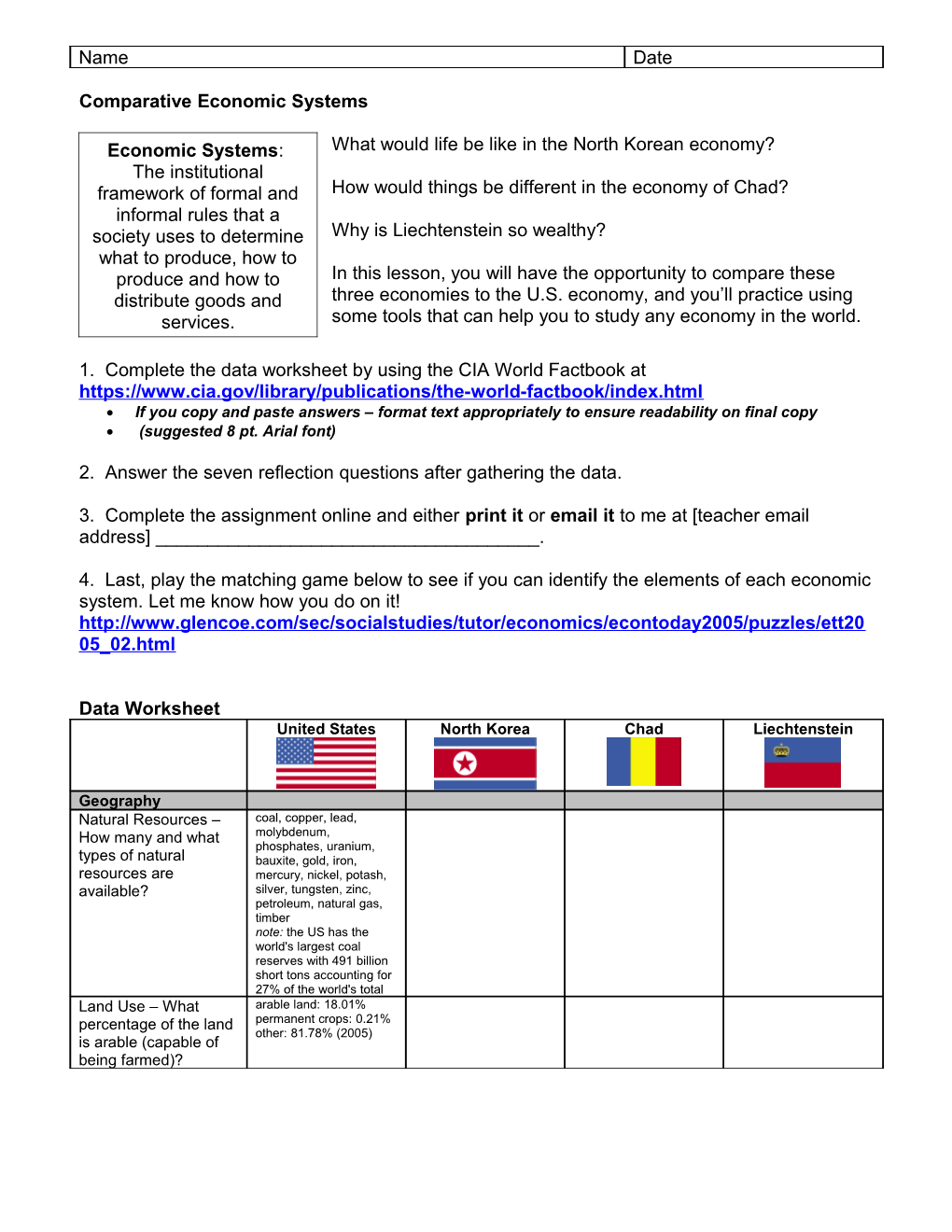 Comparative Systems Worksheet