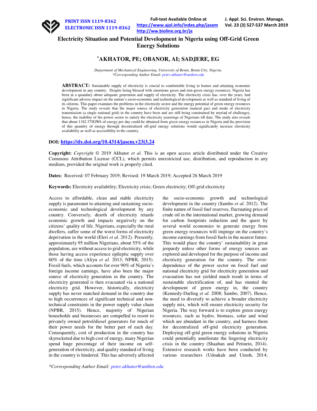 Electricity Situation and Potential Development in Nigeria Using Off-Grid Green Energy Solutions