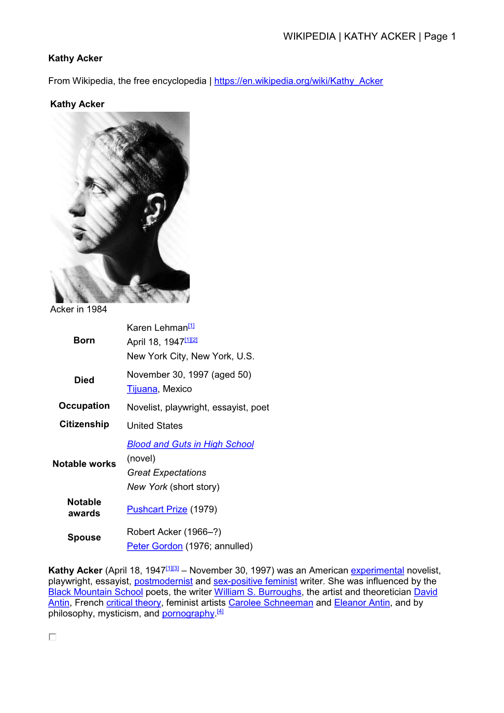 WIKIPEDIA | KATHY ACKER | Page 1