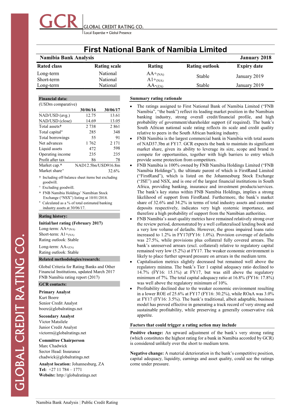 First National Bank of Namibia Limited Namibia Bank Analysis January 2018