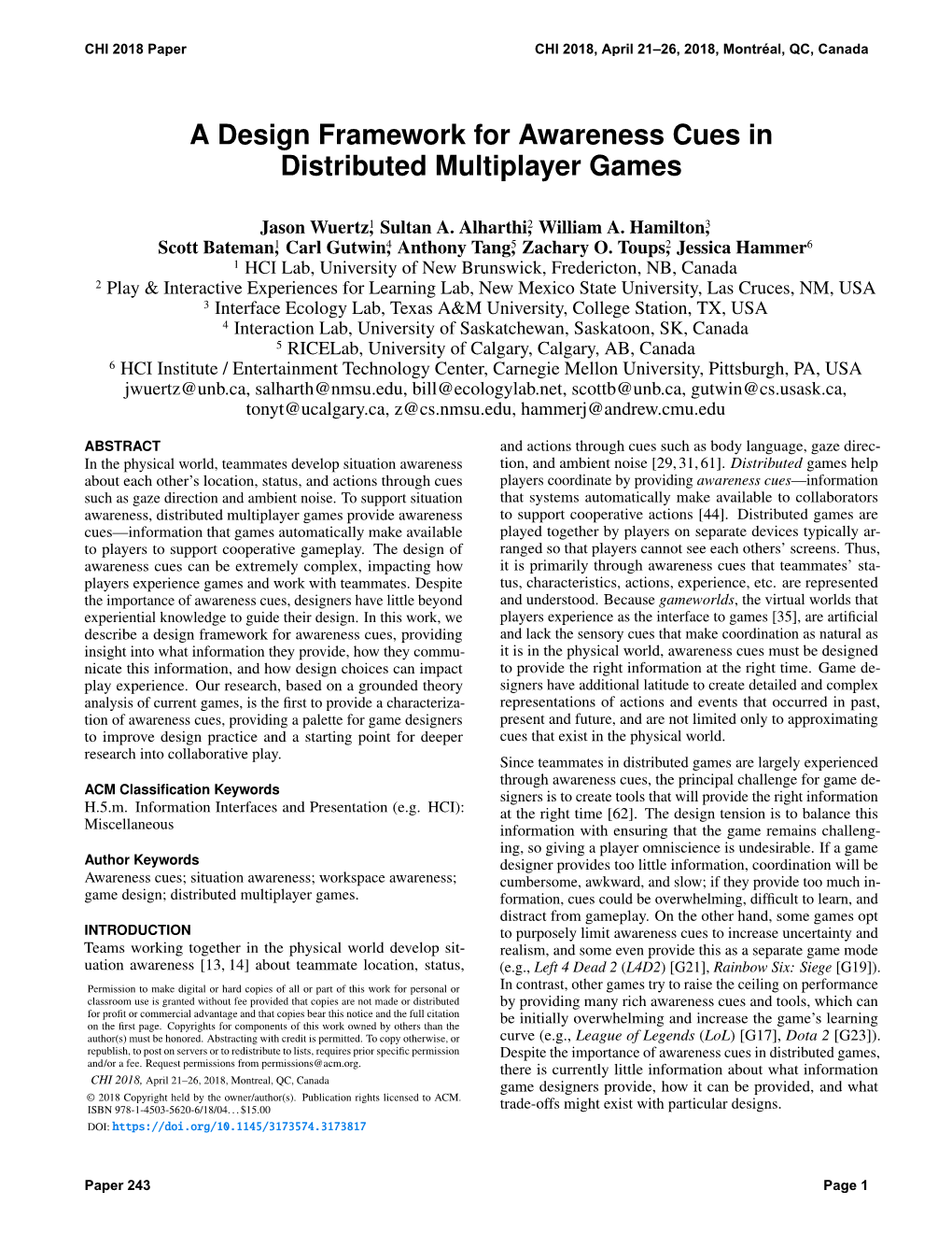 A Design Framework for Awareness Cues in Distributed Multiplayer Games