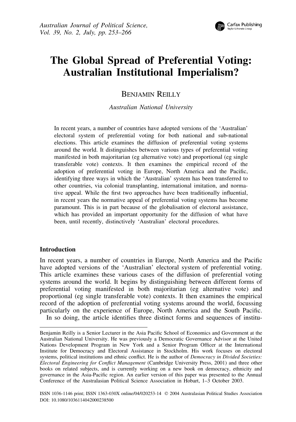 The Global Spread of Preferential Voting: Australian Institutional Imperialism?