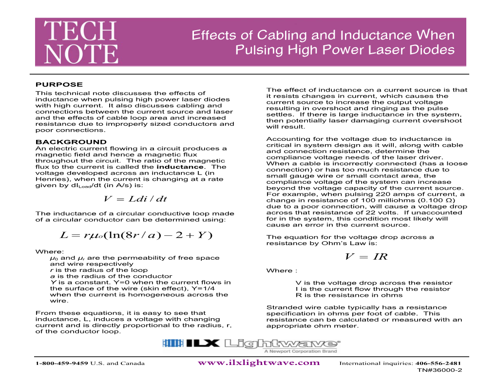 Effects of Cabling and Inductance When Pulsing High Power Laser Diodes Pulsing High Power Laser Diodes