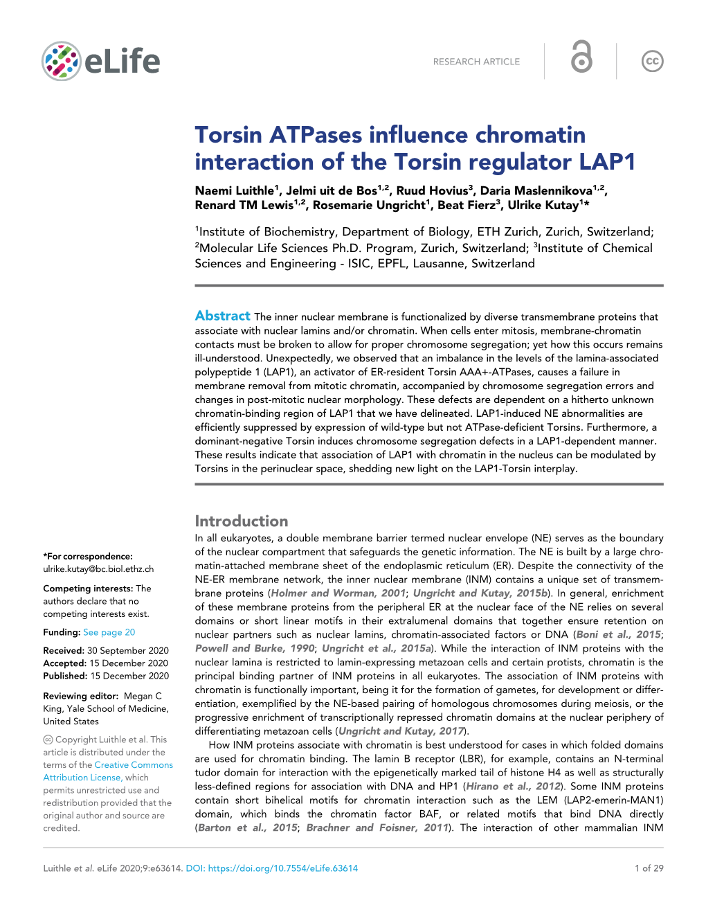 Torsin Atpases Influence Chromatin Interaction of the Torsin Regulator LAP1