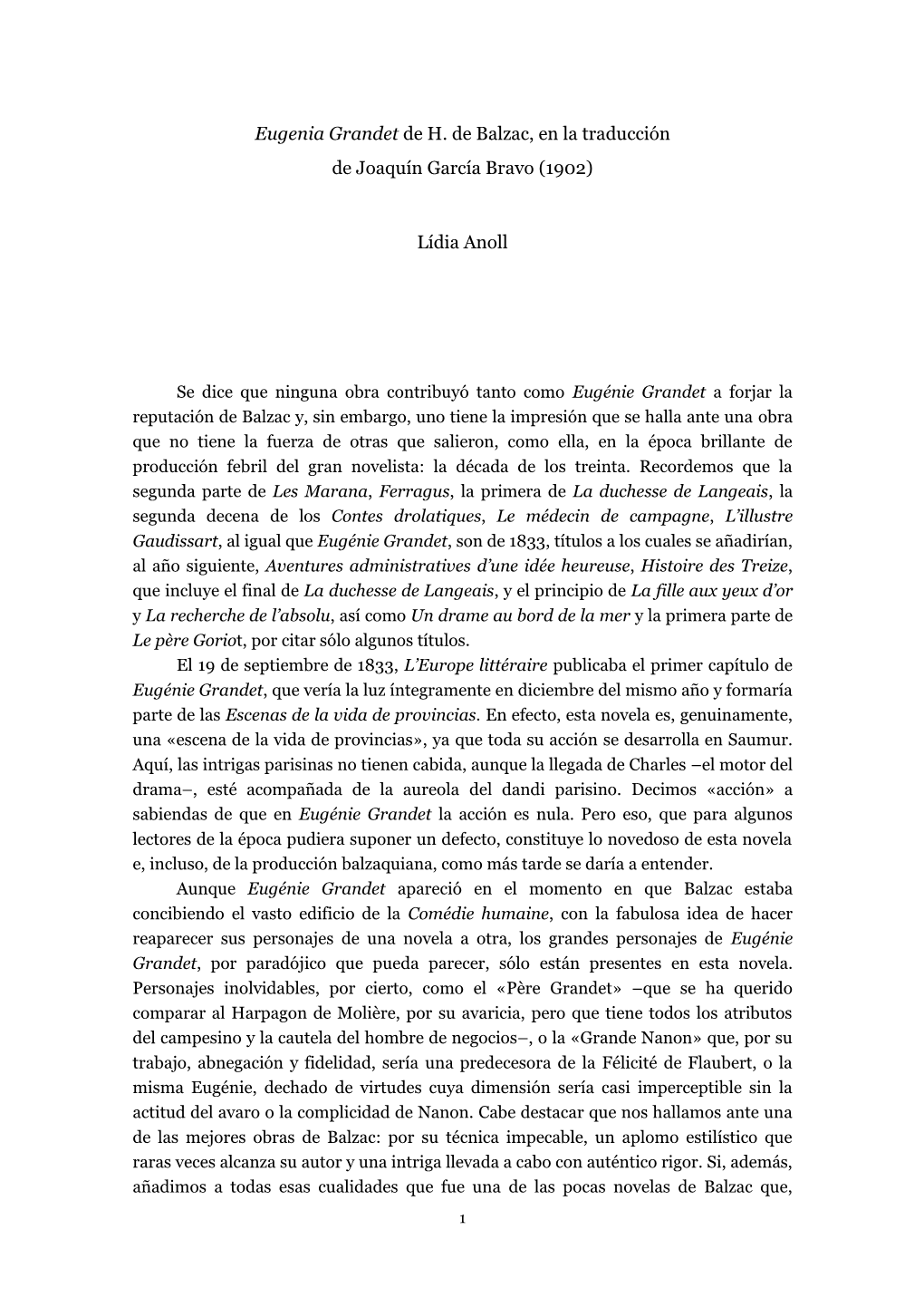 "Eugenia Grandet" De H. De Balzac, En La Traducción De Joaquín García