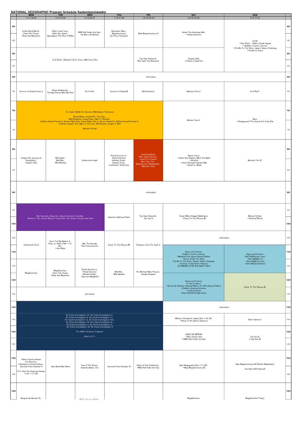 NATIONAL GEOGRAPHIC Program Schedule Septembere(Weekly) MON TUE WED THU FRI SAT SUN 4.11.18.25 5.12.19.26 6.13.20.27 7.14.21.28 1.8.15.22.29 2.9.16.23.30 3.10.17.24