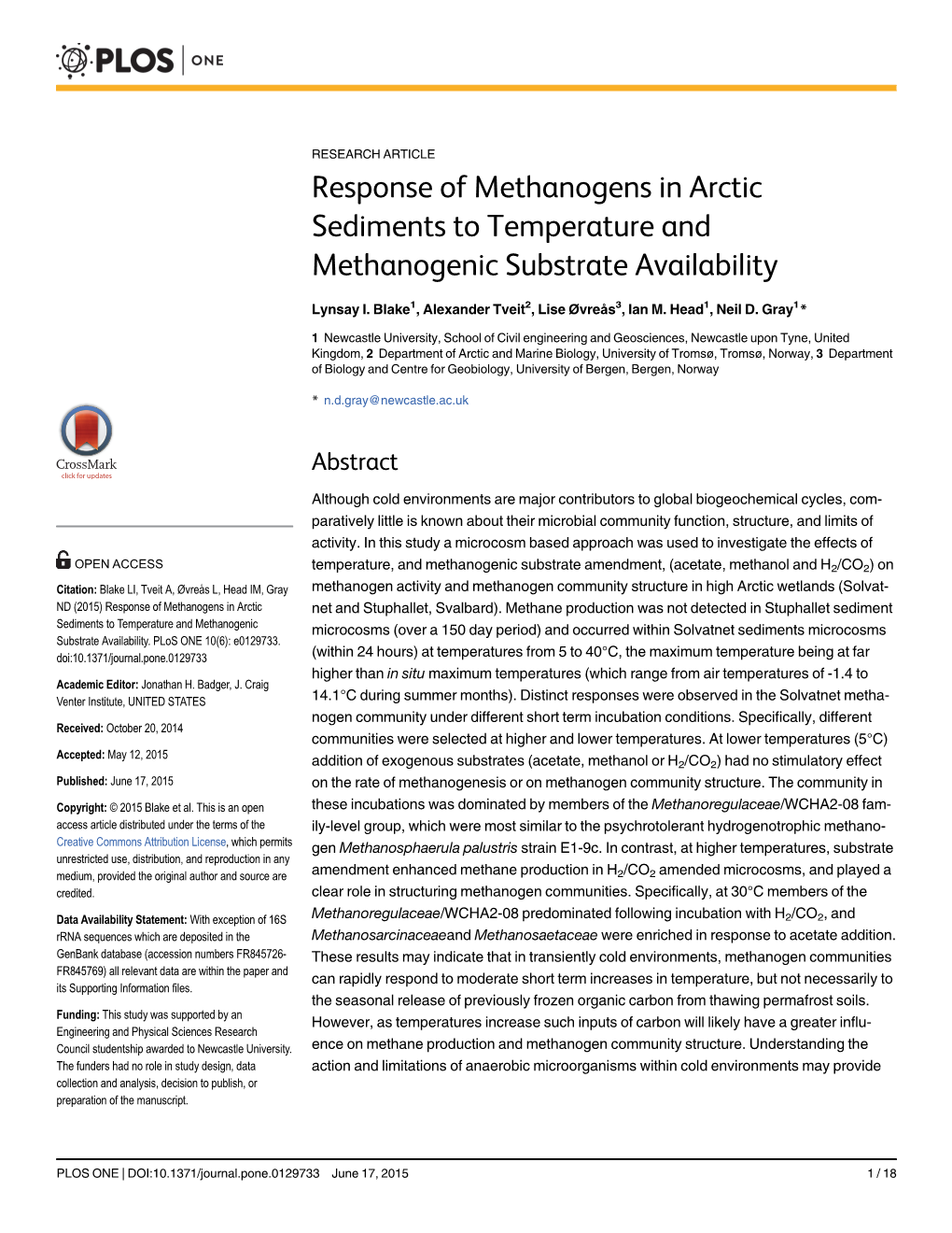 Response of Methanogens in Arctic Sediments to Temperature and Methanogenic Substrate Availability
