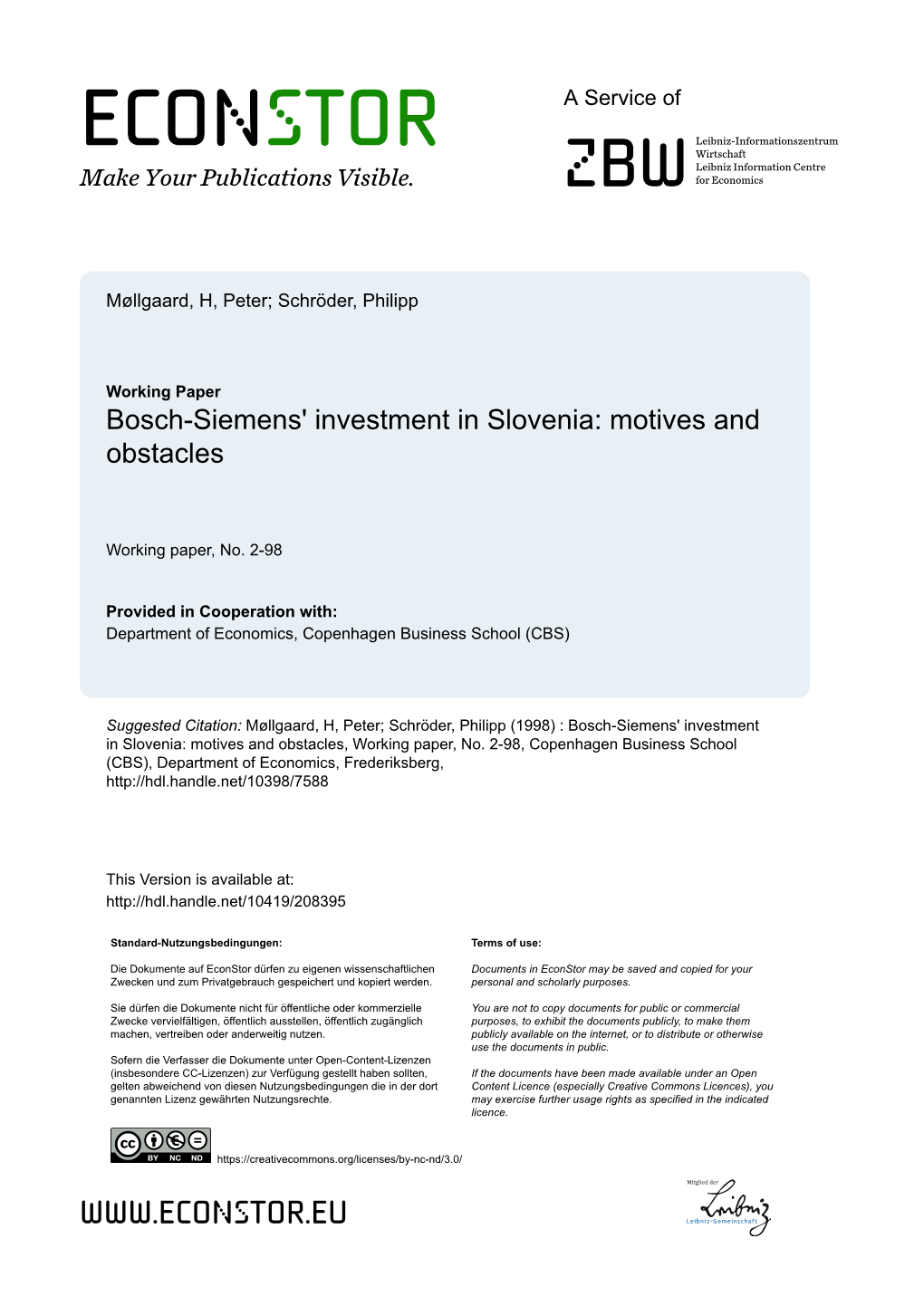 Bosch-Siemens' Investment in Slovenia: Motives and Obstacles