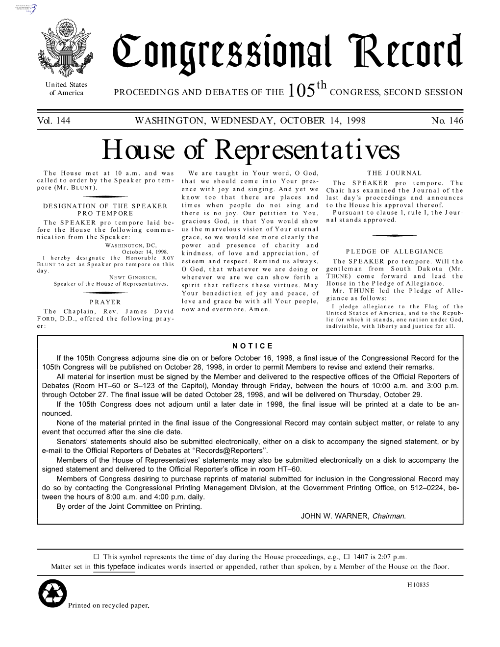 Congressional Record United States Th of America PROCEEDINGS and DEBATES of the 105 CONGRESS, SECOND SESSION