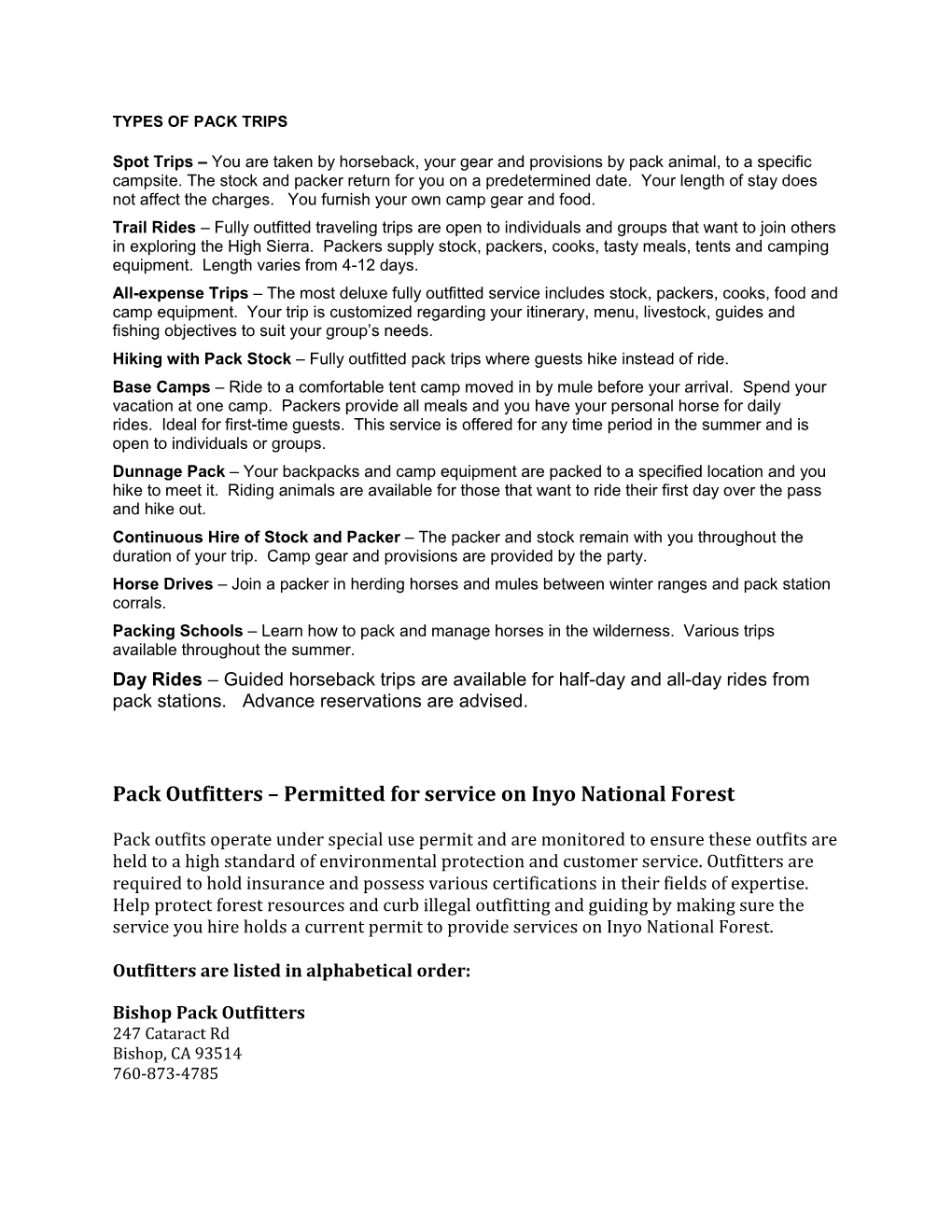 Pack Outfitters – Permitted for Service on Inyo National Forest