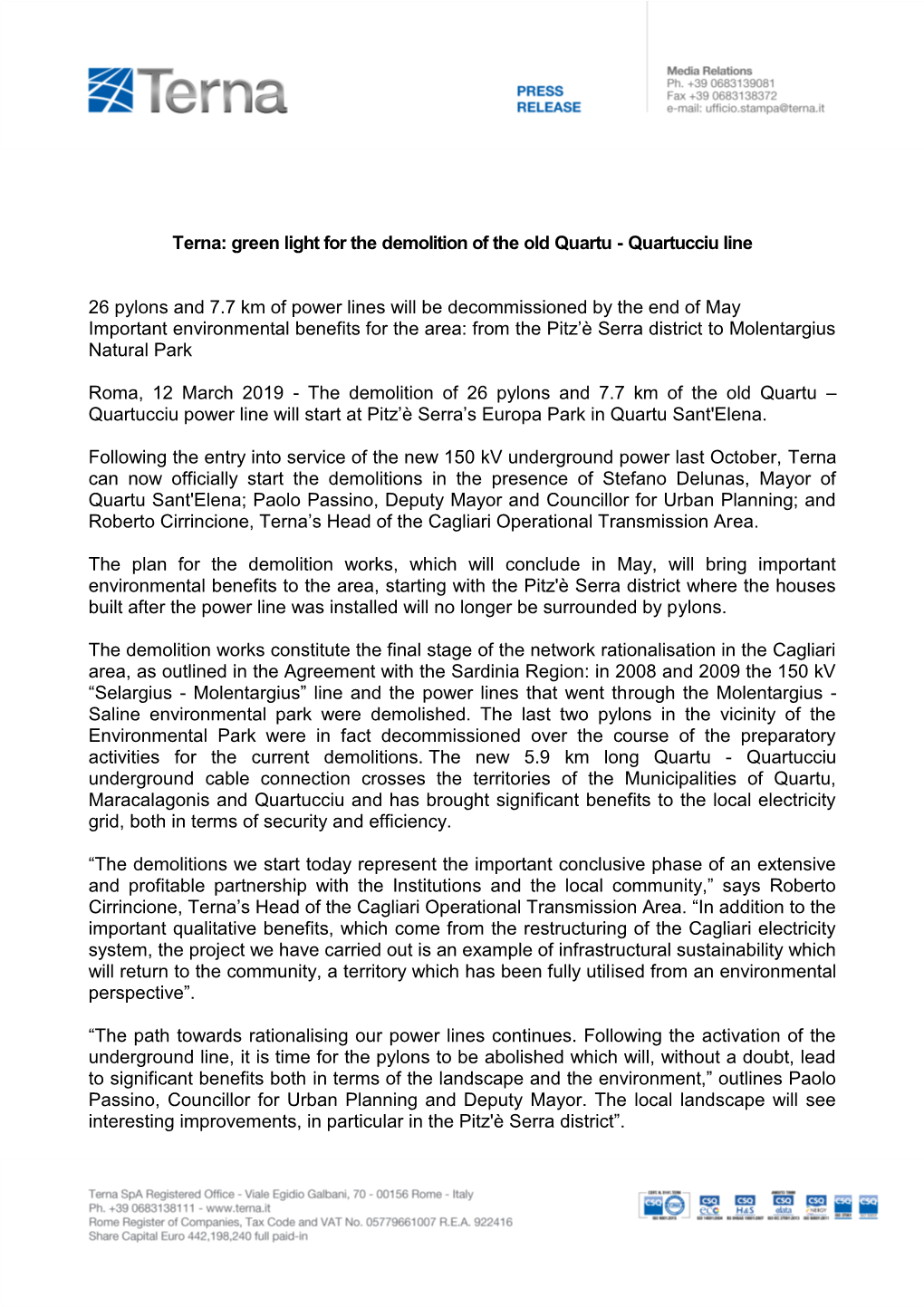 Terna: Green Light for the Demolition of the Old Quartu - Quartucciu Line