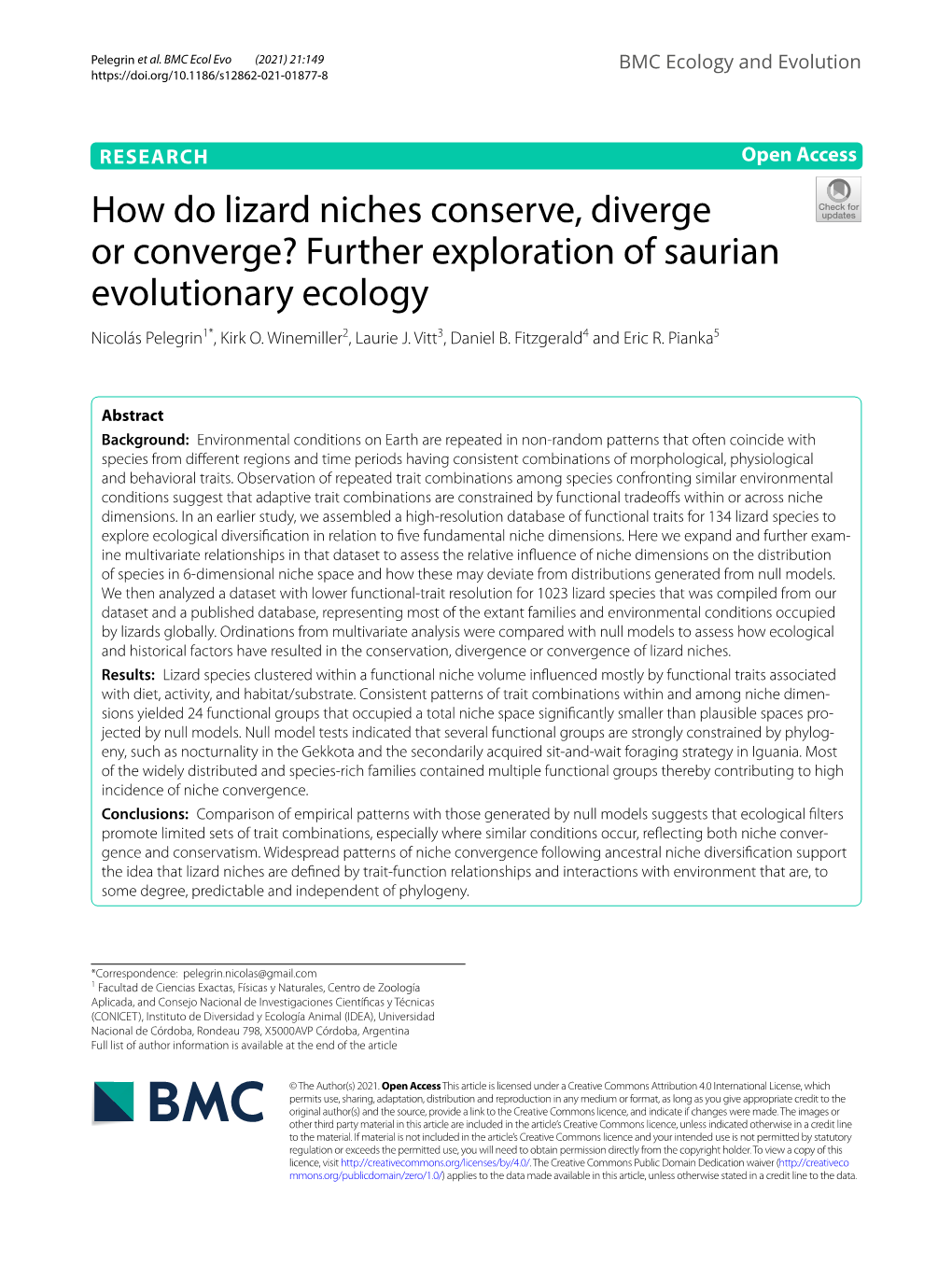 How Do Lizard Niches Conserve, Diverge Or Converge? Further Exploration of Saurian Evolutionary Ecology Nicolás Pelegrin1*, Kirk O