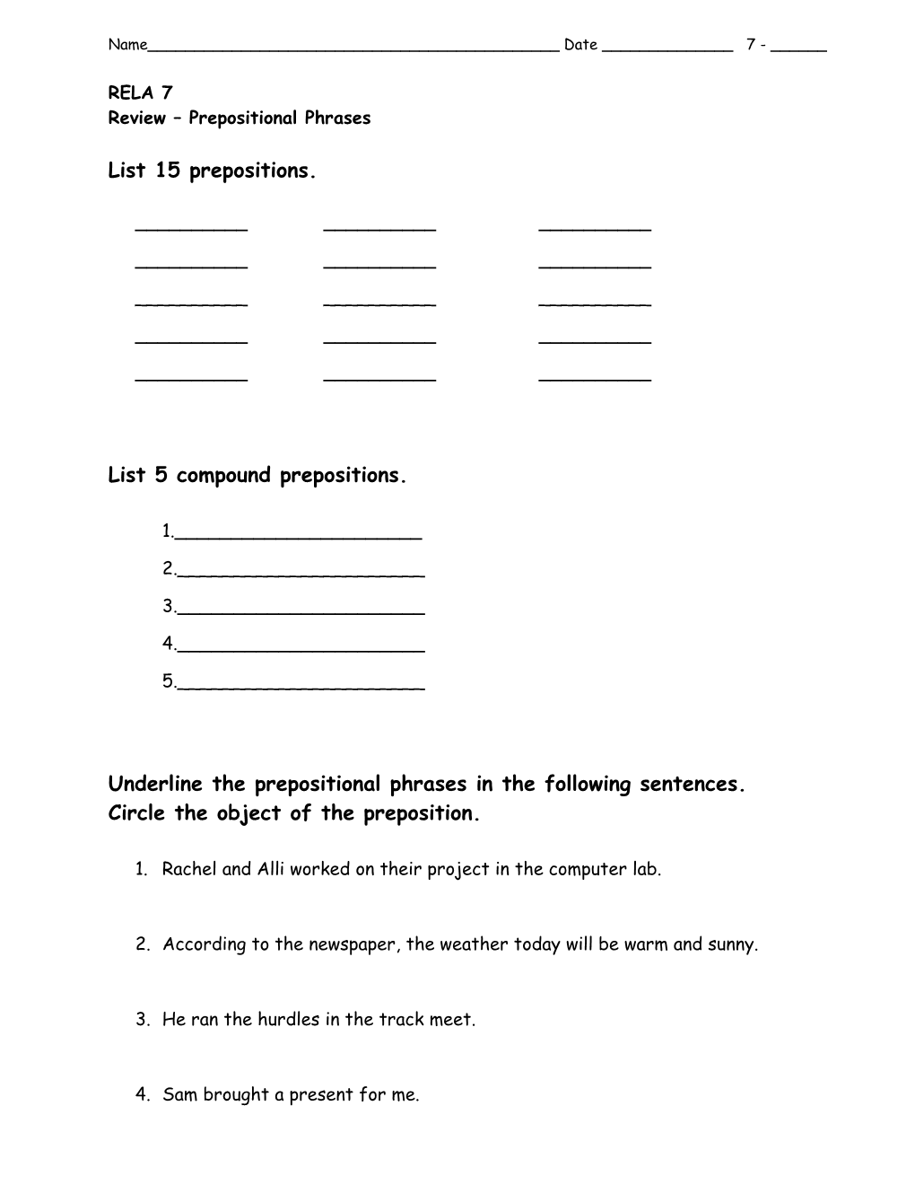 Review Prepositional Phrases