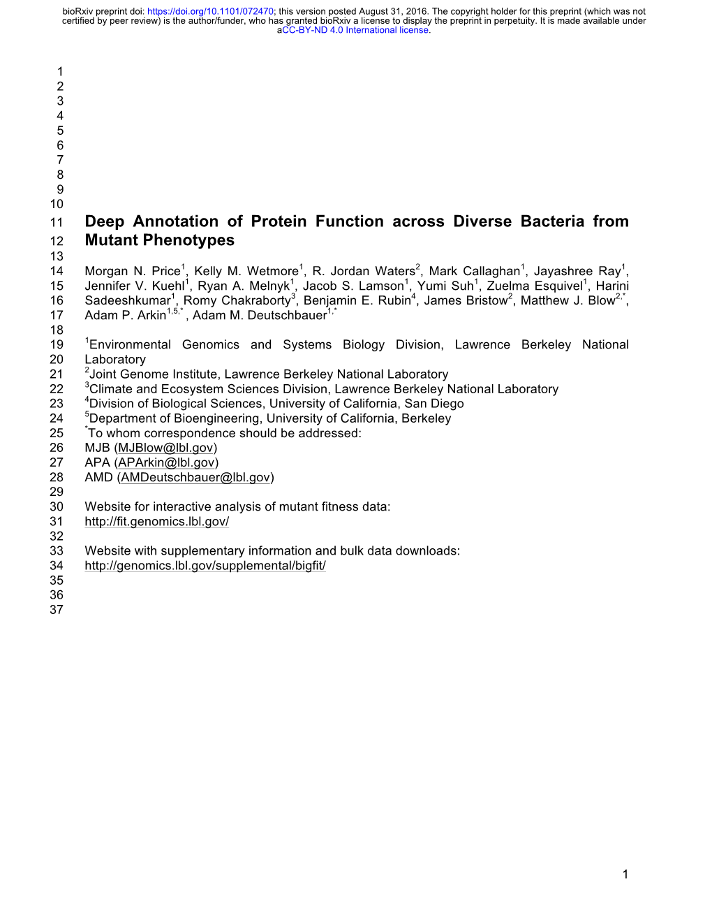 Deep Annotation of Protein Function Across Diverse Bacteria from 12 Mutant Phenotypes 13 14 Morgan N