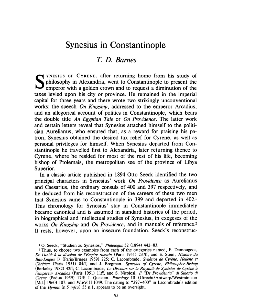 Synesius in Constantinople , Greek, Roman and Byzantine Studies, 27:1 (1986:Spring) P.93