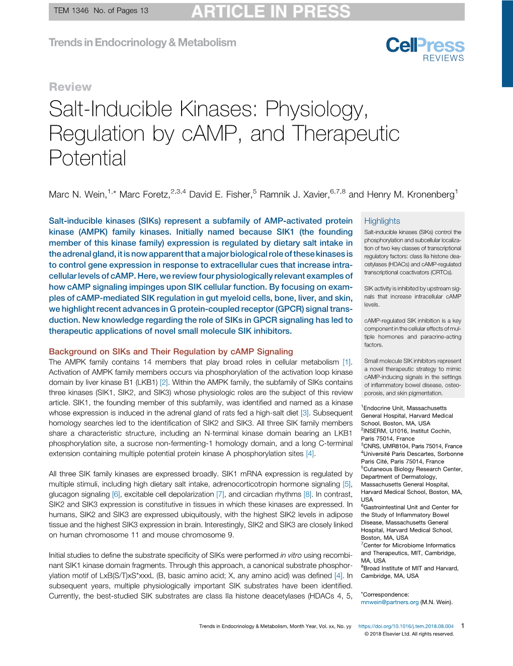 Salt-Inducible Kinases: Physiology, Regulation by Camp, And