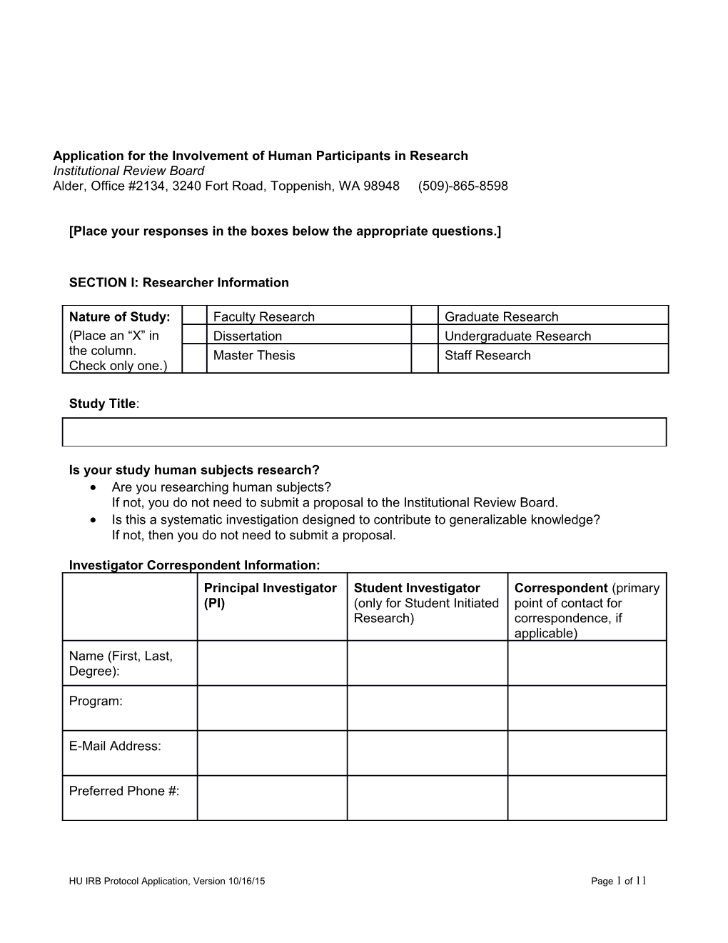 Instructions for Completing the IRB-1 Protocol Application Form