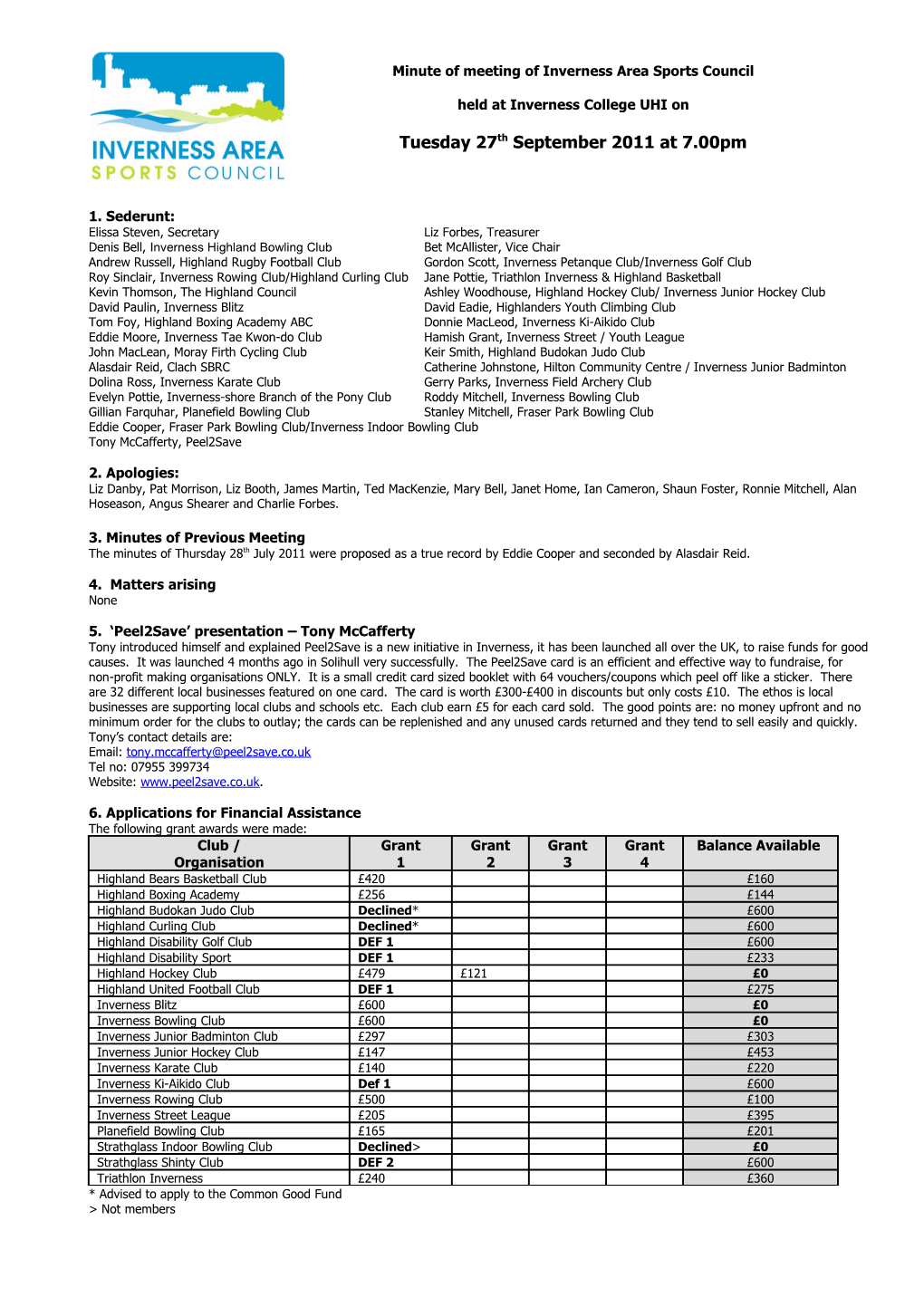 Minute of Meeting of Inverness Area Sports Council Held in the Floral Hall, Inverness On