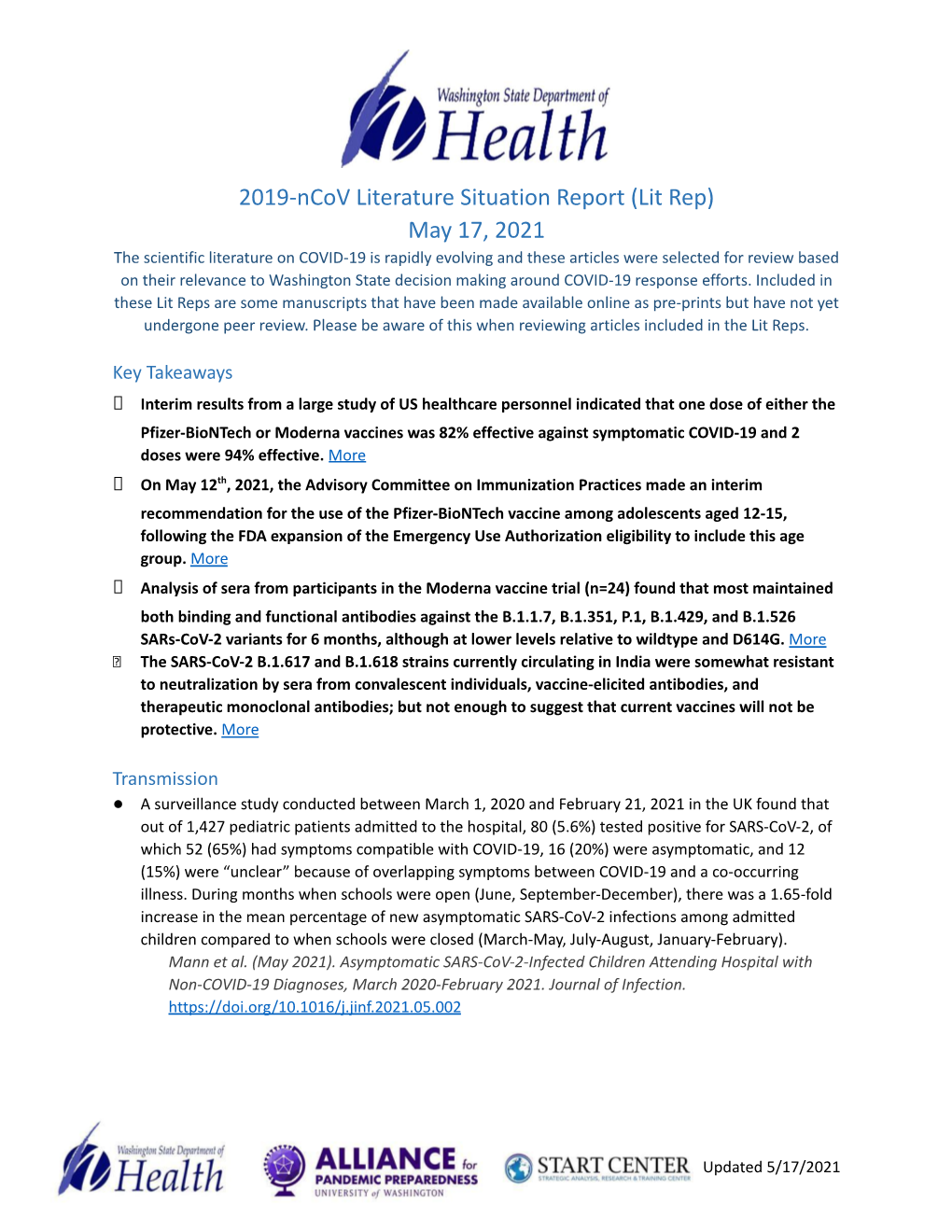 2019-Ncov Literature Situation Report (Lit Rep) May 17, 2021