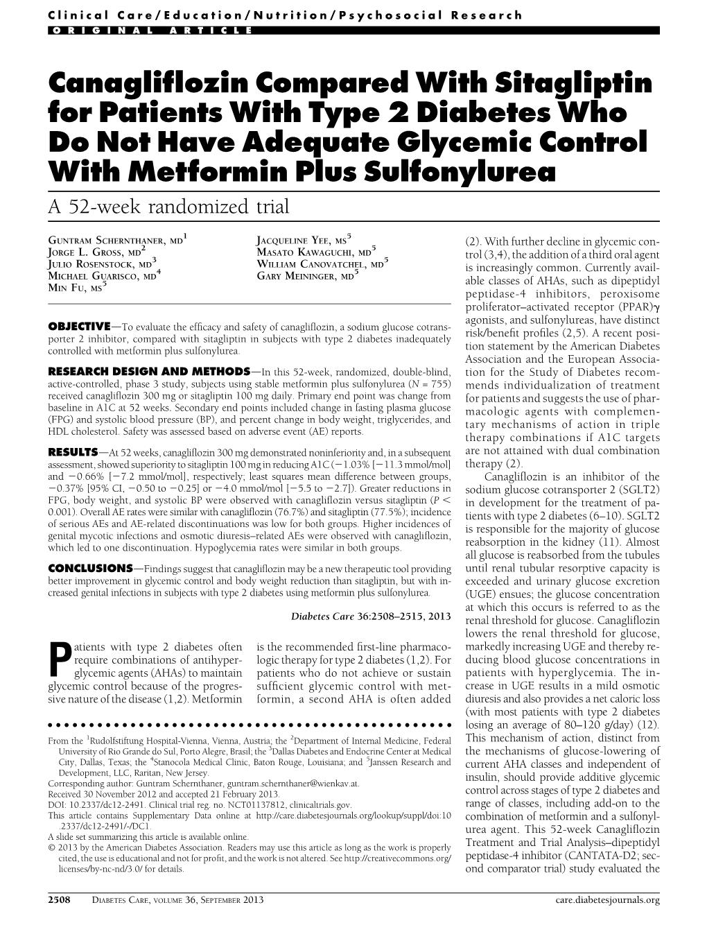 Canagliflozin Compared with Sitagliptin For