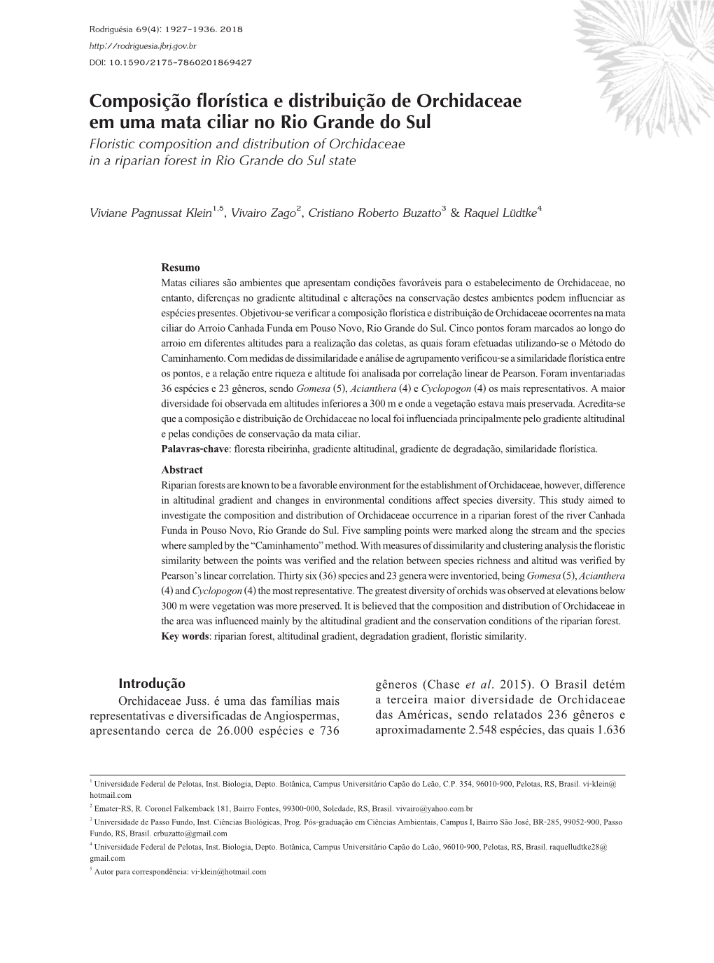 Composição Florística E Distribuição De Orchidaceae Em Uma Mata Ciliar