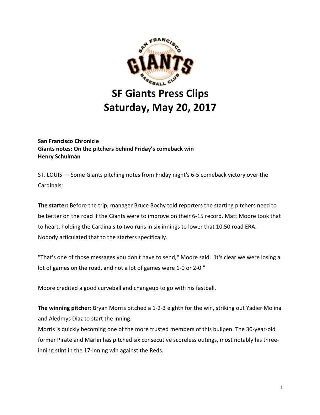 SF Giants Press Clips Saturday, May 20, 2017