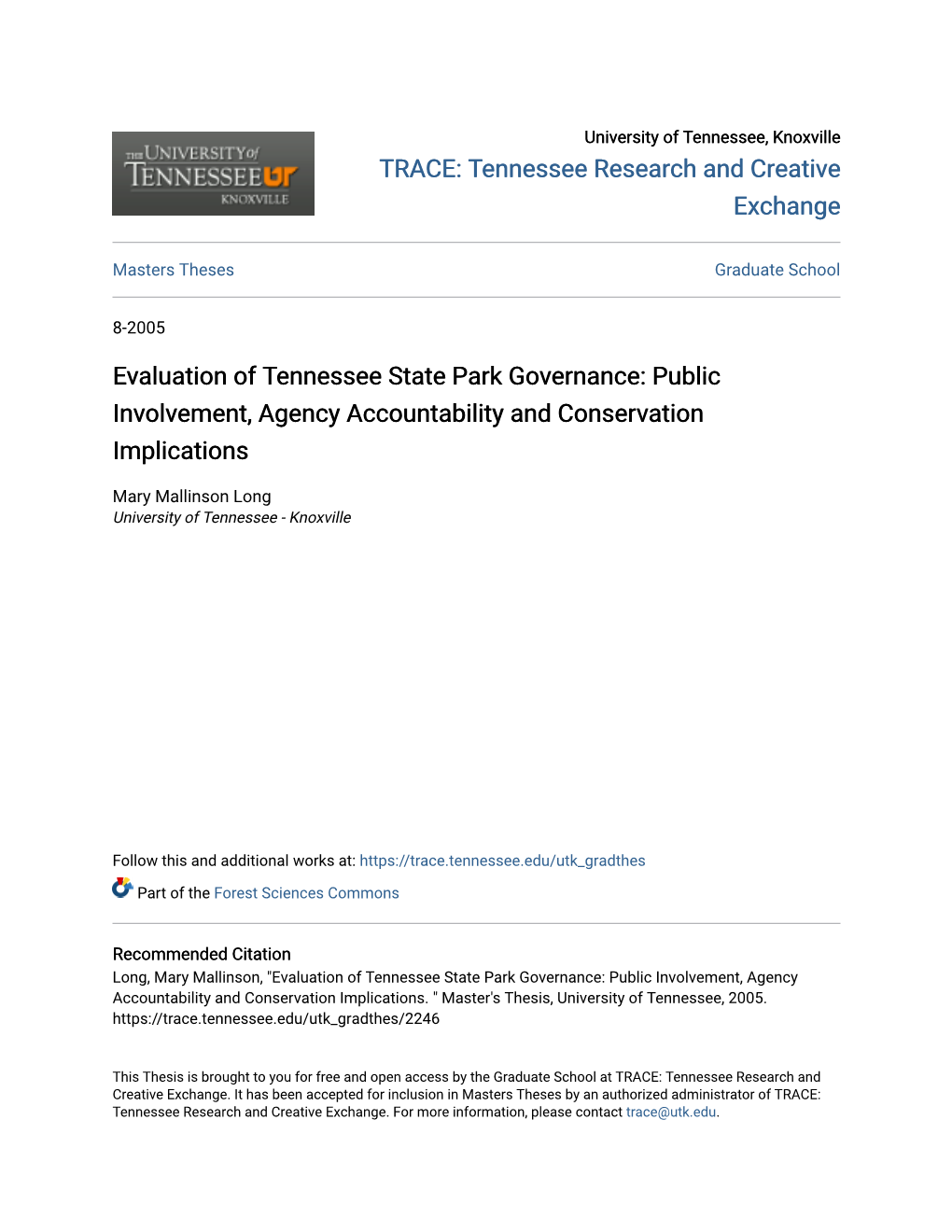 Evaluation of Tennessee State Park Governance: Public Involvement, Agency Accountability and Conservation Implications
