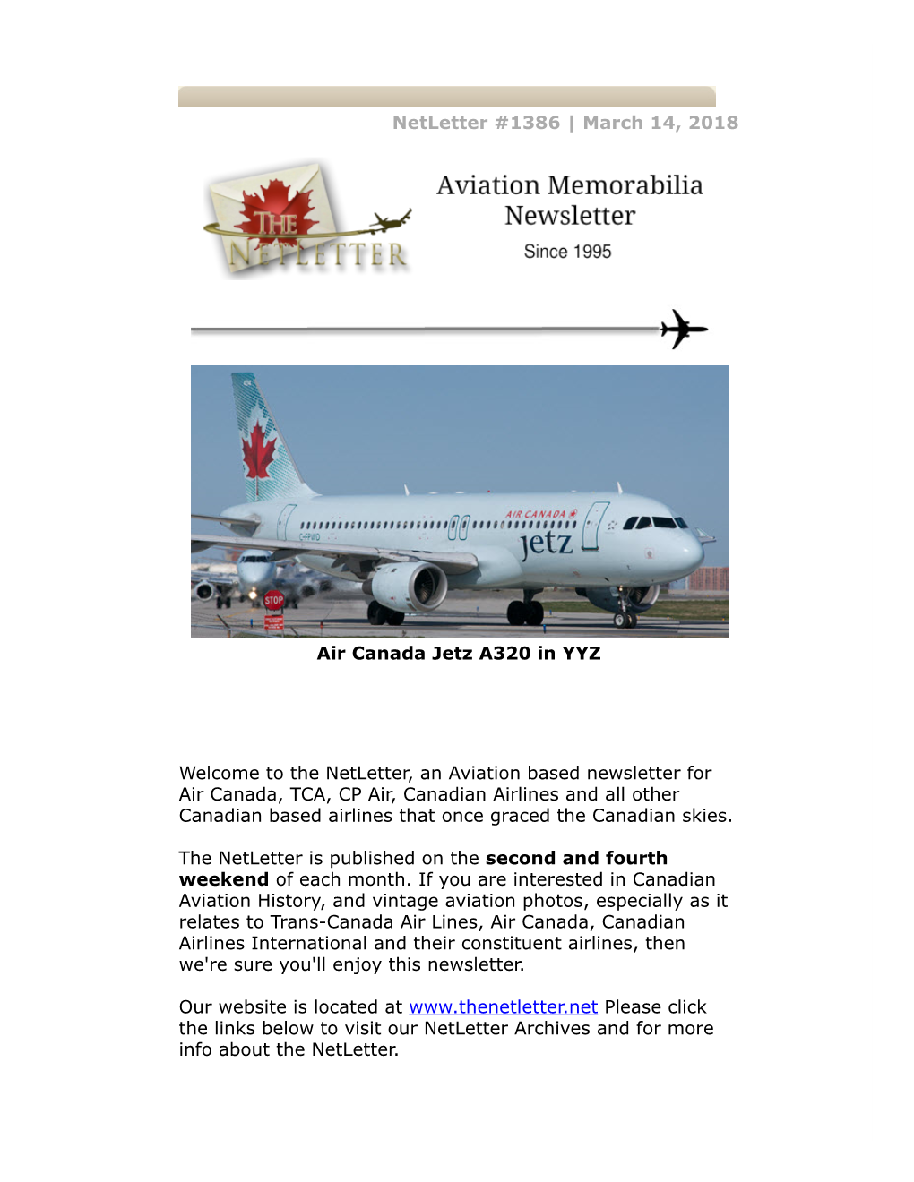 Netletter #1386 | March 14, 2018 Air Canada Jetz A320 in YYZ Welcome