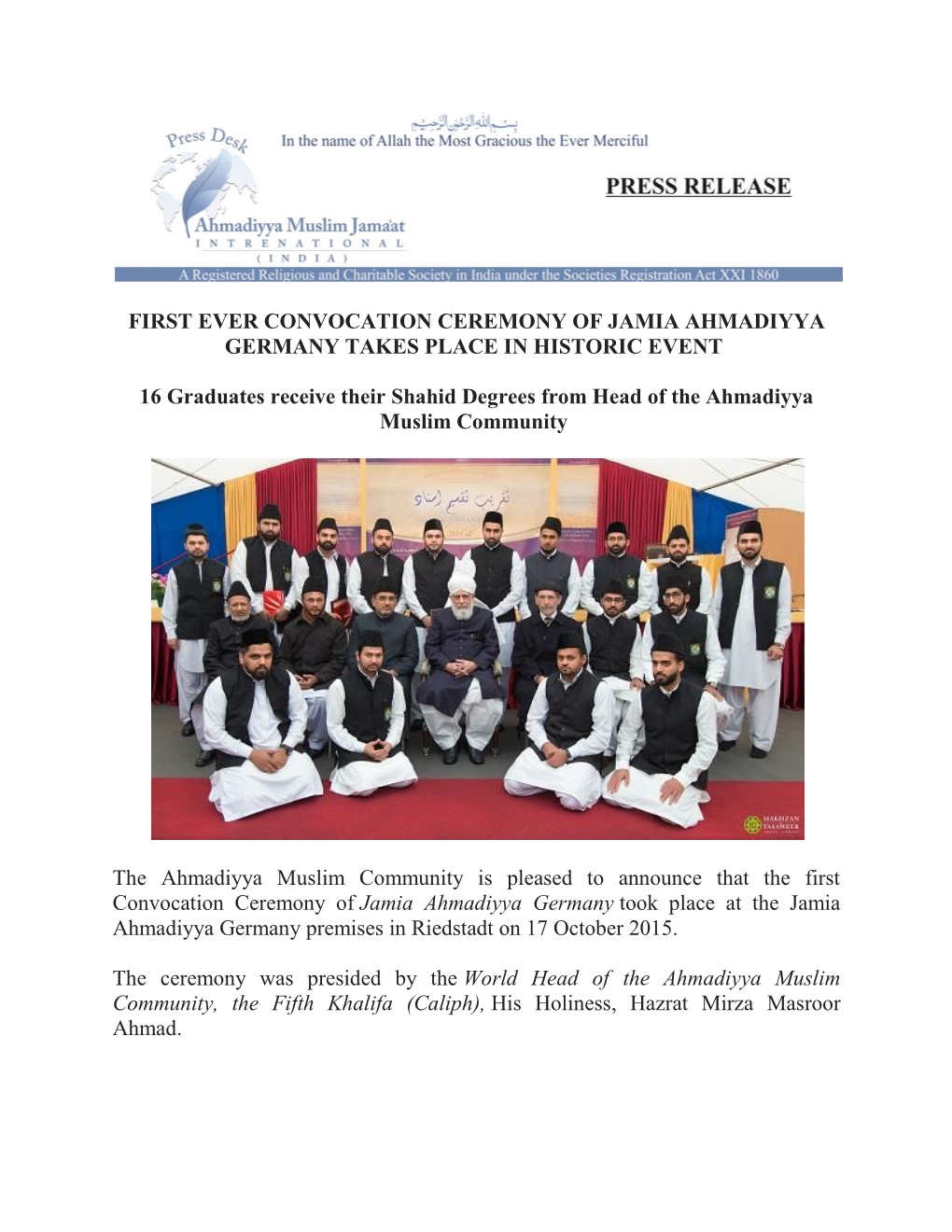 First Ever Convocation Ceremony of Jamia Ahmadiyya Germany Takes Place in Historic Event