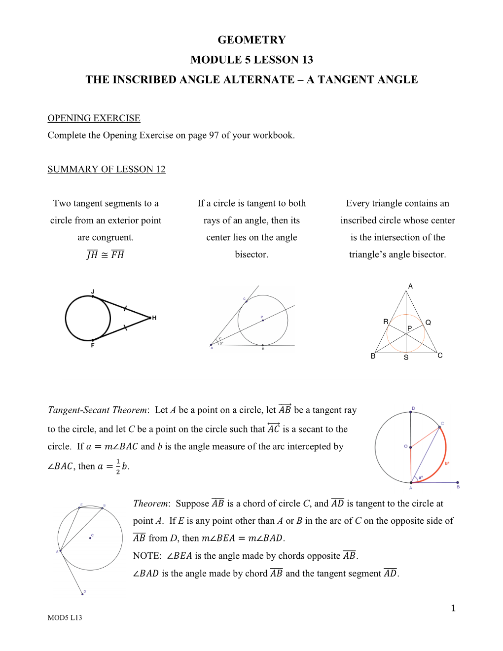 Geometry Module 5 Lesson 13 the Inscribed Angle Alternate – a Tangent Angle